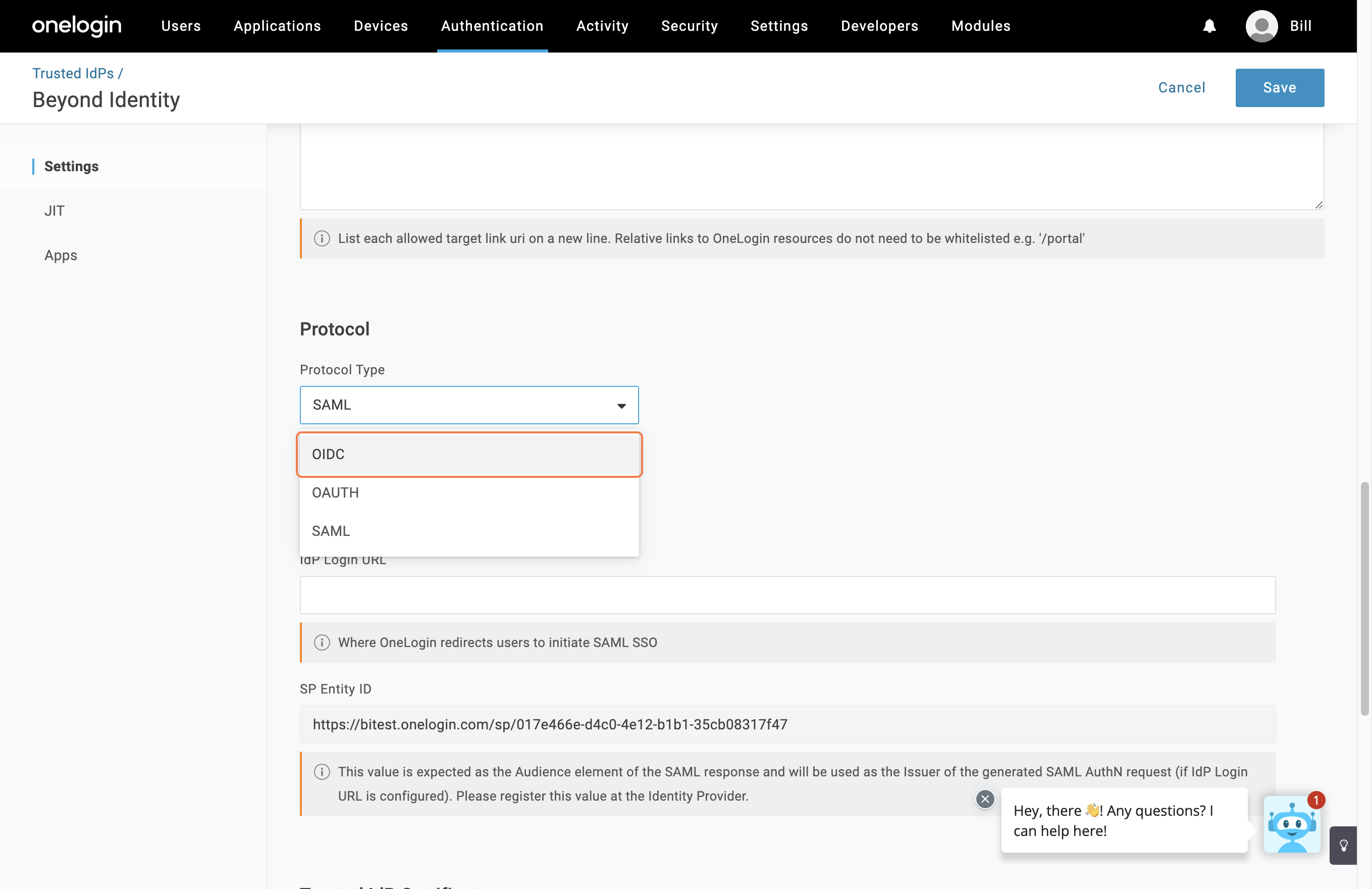 OneLogin platform page